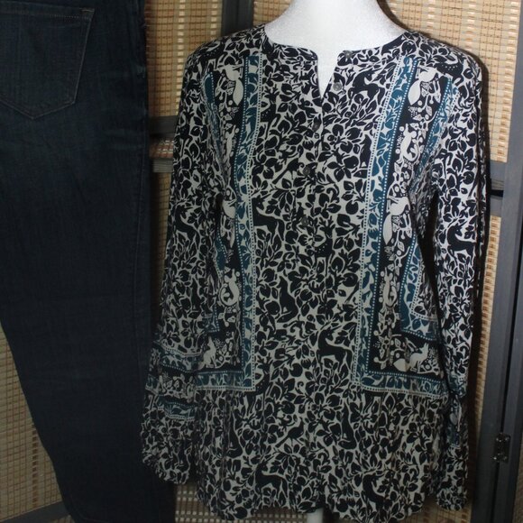 LOFT Navy White & Teal Blouse with Woodland Creatures and Unicorn Motif - Picture 1 of 8